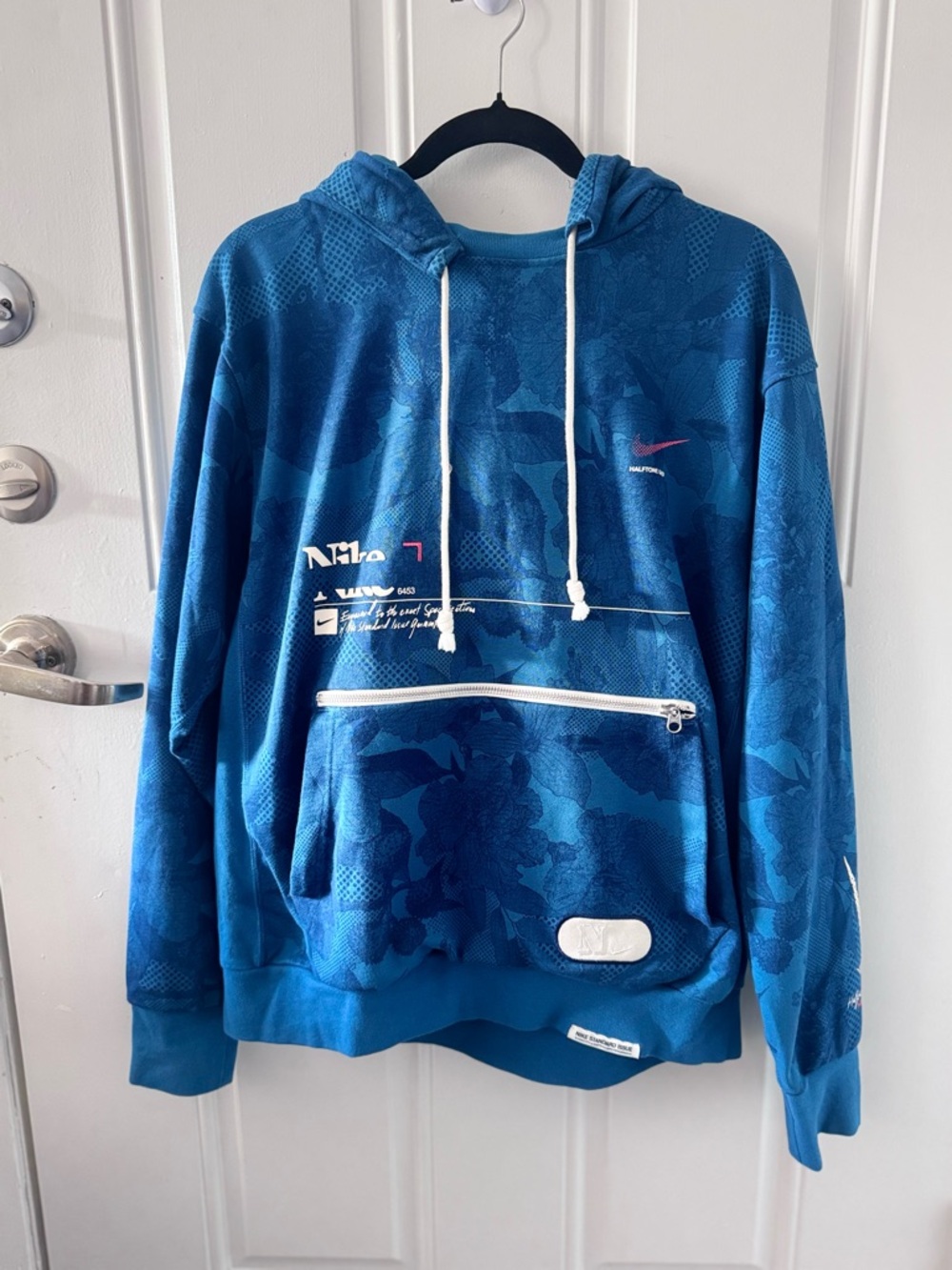 Nike Blue Camo Pullover Hoodie with White Drawstrings
